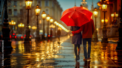 A couple out sharing a romantic evening under a red umbrella as they stroll along a misty, rain-slicked Street, lights reflect on the wet pavement, vintage atmospheric European city.