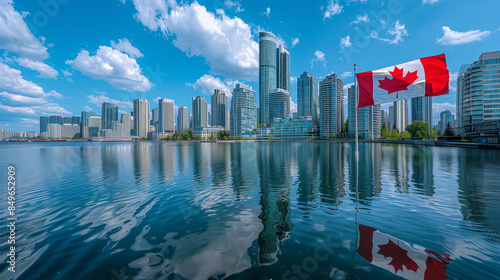 Stunning view of the Canadian flag flying over a city skyline by the water on Canada Day. Reflective waters and modern skyscrapers showcase national pride and urban beauty