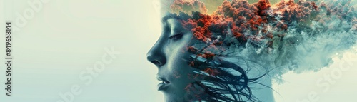 Surreal double-exposure depiction of stressed female suitable for advertising, book covers, posters, and various other applications.