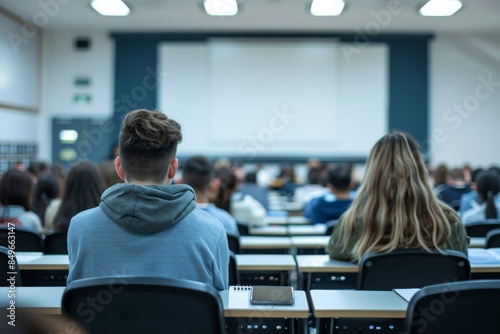 Students attending a lecture in a university classroom focused on learning education and academic studies.