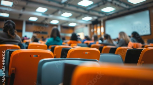 Students attending lecture in modern university classroom with orange chairs focusing on presentation screen