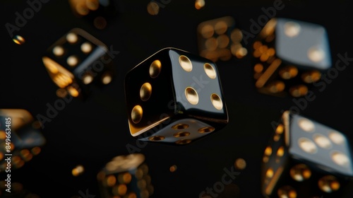 Luxury black dice in midair with golden dots and reflective surfaces on dark background.