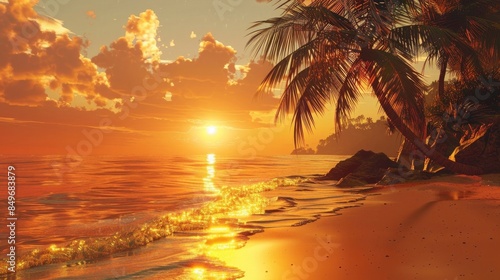 Beautiful golden orange sunset on a tropical paradise beach.