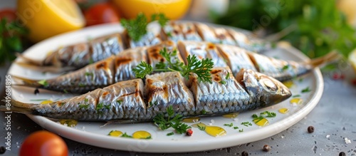 Grilled sardines on a white plate