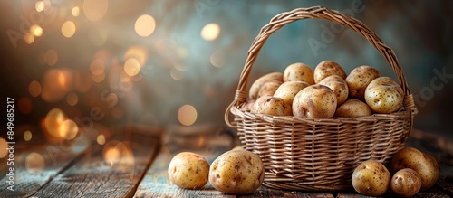 Basket of potatoes on wooden table