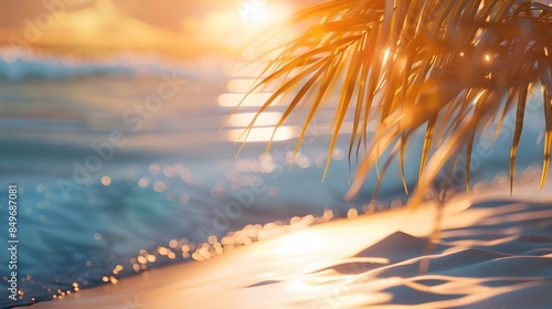 Create a PhotoRealistic Lofi Illustration that depicts a beautiful sunset beach with beautiful waves and sunlit beach sand, Amazing sunlight coming through beautiful palm tre leaves, High detail, high
