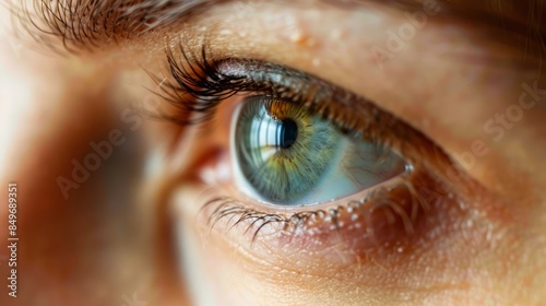Close-up of a human eye with detailed iris and eyelashes.