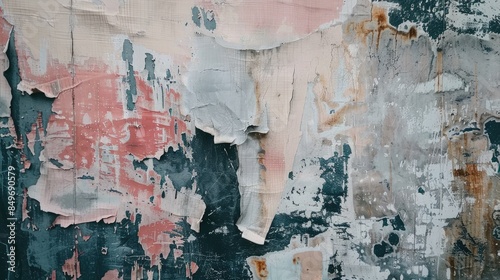 Close-up of a faded and torn grunge poster texture on a wall