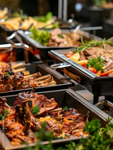 Catering buffet food in restaurant with grilled meat. Buffet service for any festive event