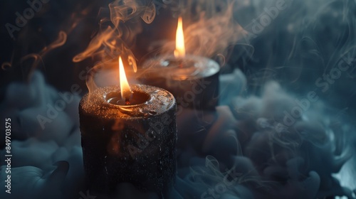 Candle tribute, RIP symbol, dark glow, flame realism, smoke, melting wax, dynamic lighting