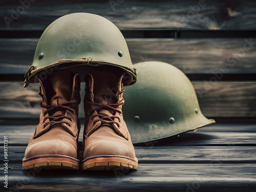 Uniforme militar con casco y botas concepto de solemnidad