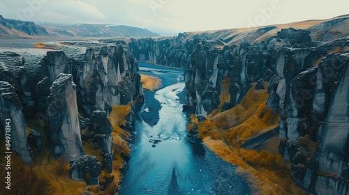 Aerial landscape photography. View from flying drone of Fjadrargljufur canyon and river. Dramatic autumn scene of South east Iceland, Europe. Traveling concept background