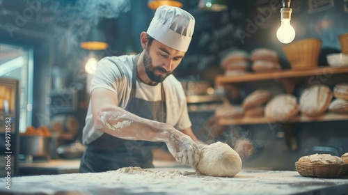 baker kneading dough in bakery