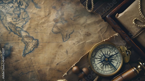 Old sailboat compass and ancient map historical background A concept on the topic of sea voyages discoveries pirates sailors geography and history Efect of overlay on old texture of p : Generative AI