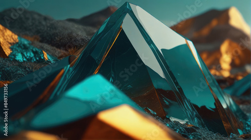 Holographic colorful futuristic texture. Liquid glass gradient abstract background with sharp shiny edges and corners. Abstract mountains. 