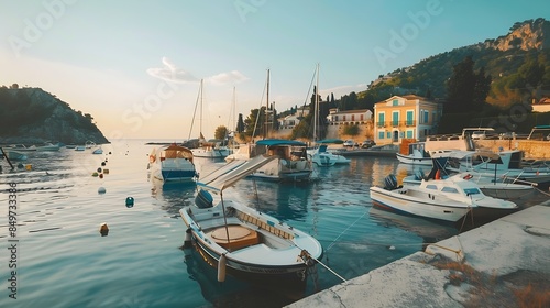 Parked yachts and boats in Corfu island Greece : Generative AI