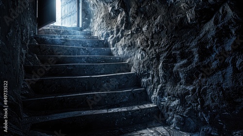 Ancient stone steps descending into darkness, leading to an underground chamber with an open basement door