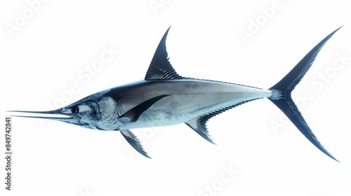 Large game fish, the atlantic sailfish is swimming in clear water with its dorsal fin fully extended