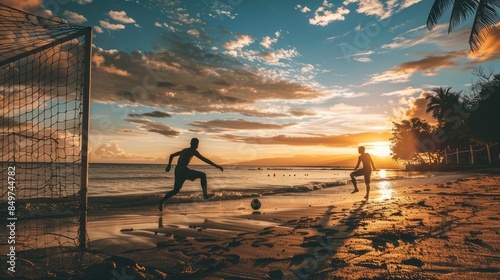 Silhouettes of two people playing beach soccer in the afternoon.