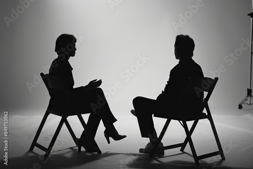 Silhouetted interview setup featuring two individuals on director chairs, creating a focused and dramatic discussion scene.