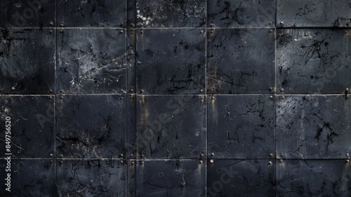 Image depicts dark metallic tiles with visible scratches and rivets, evoking a sense of industrialism
