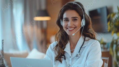 A smiling female doctor wearing a headset is participating in a video call, possibly consulting with a patient or colleague