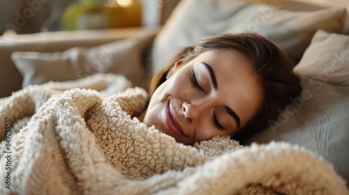 A person enjoys a restful sleep, covered by a warm blanket, exuding a feeling of relaxation and comfort