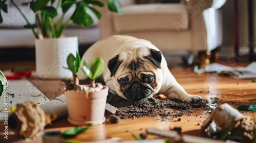 A pug looks guilty after knocking over a plant pot, causing soil and debris spread on the floor
