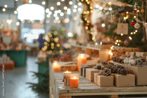 Warm and inviting indoor Christmas market with stalls beautifully decorated with festive lights and holiday ornaments