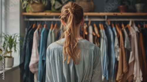 A subtle image of a woman with a long ponytail, contemplating her outfit options in an organized wardrobe