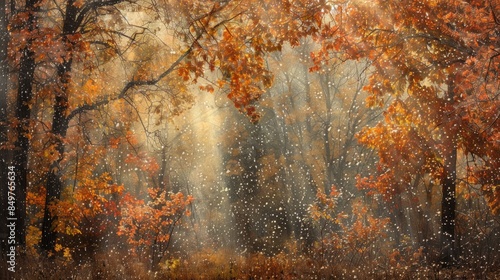 An unbroken tapestry of autumn unfolds before us trees sunlight and raindrops harmonizing in perfect seasonal symphony
