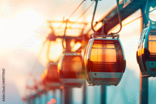 A series of ski lift gondolas are suspended from a cable, with the sun shining on them