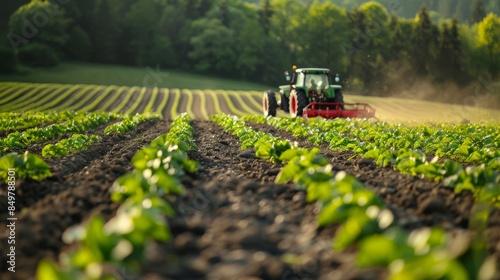 A green tractor cultivates rows in a vast agricultural field under a clear blue sky