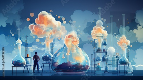 Chemical reactions taking place in glass chambers, depicting the science behind refinery processes. Flat color illustration,