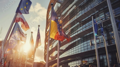 European Union and various country flags against a modern building facade in the evening light