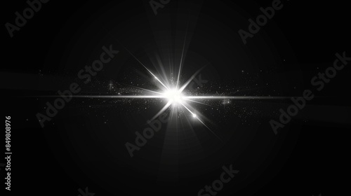 Simplistic white lens flare effect with a central light source and minimal scattered particles on a dark backdrop