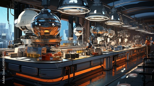 A futuristic kitchen where AI chefs assist in cooking meals based on dietary preferences. Flat color illustration,