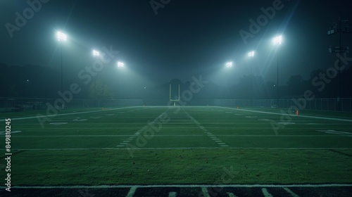 An atmospheric shot of a football stadium filled with fog at night; lights illuminate the playing field and yard markers