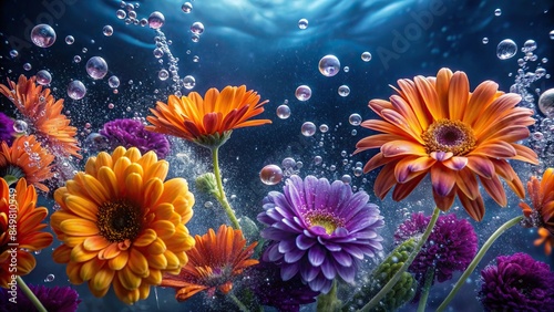 Orange and purple flowers with petals floating underwater surrounded by air bubbles , Floral, underwater, vibrant, colorful