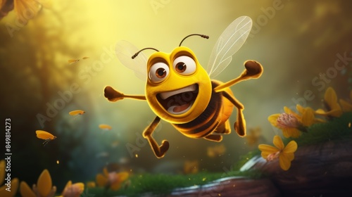 A cheerful 3D animated bee flies amidst a lush forest setting with magical lighting and flowers