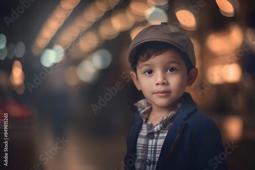 Portrait of a little boy in a hat in the city at night