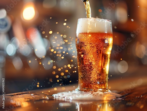 Close-up of beer being poured into a glass, dynamic and frothy, bright and lively bar background