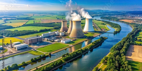 Aerial view of modern nuclear power plant by river, nuclear power, energy, technology, industrial