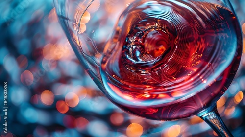 Close-up of a wine glass with red wine, swirling motion, rich and dynamic appearance