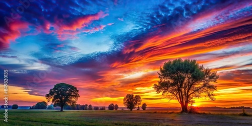 Vibrant sunset in a rural field setting with colorful sky and silhouette of trees , sunset, field, rural, landscape, nature