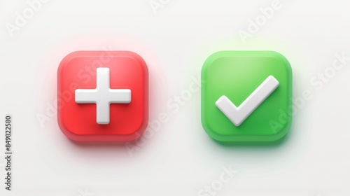 A pair of bright red and green 3D icons of a plus and check mark in a minimalistic design