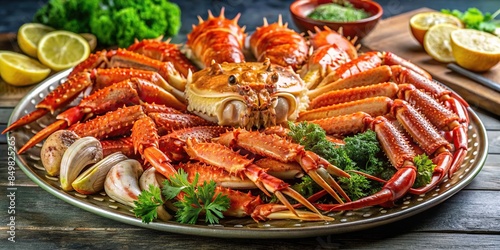 Close-up of a delicious seafood platter with king crab, spider crab, lobster, and other crustaceans, seafood