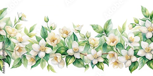 Watercolor seamless border with delicate jasmine flowers, watercolor, seamless, border, flowers, jasmine, delicate