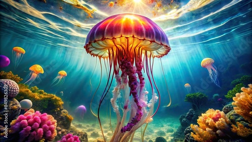 Gorgeous jellyfish swimming through vibrant underwater world, surreal, color, jellyfish, underwater, wonderland, graceful