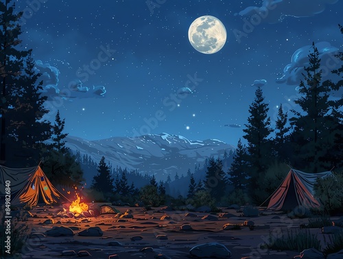 A night scene of a campsite with tents, a campfire, and a full moon overhead